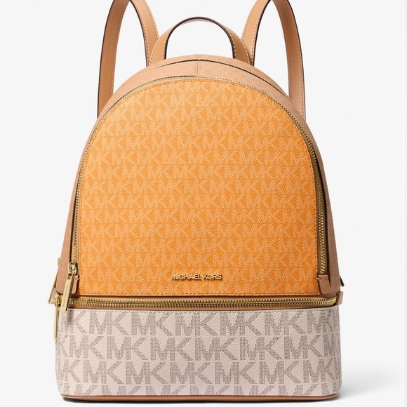 Michael Kors Rhea Medium Color-Block Signature Logo Backpack Pop Orange Multi - Picture 1 of 10